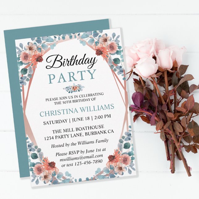 Invitation Rustic Watercolor Blue Floral 50th Birthday Party (Créateur téléchargé)