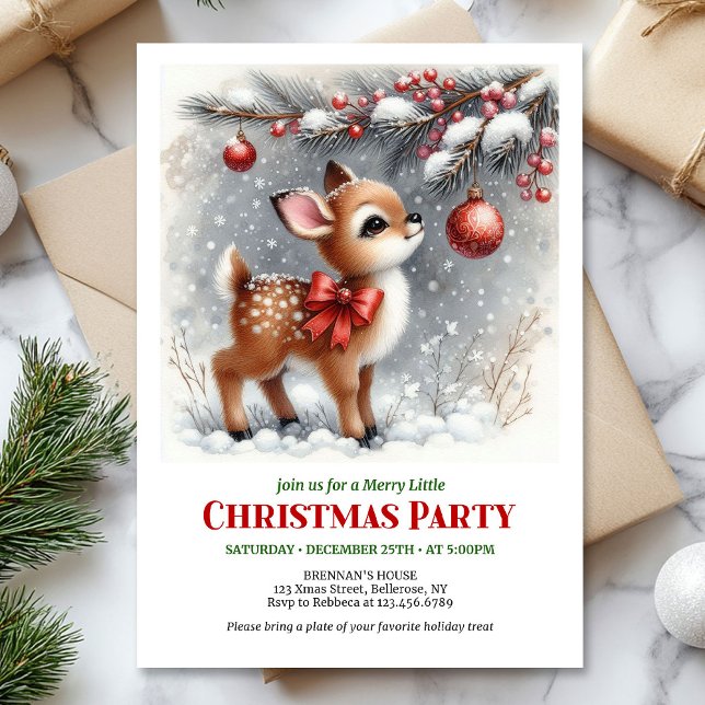 Invitation Rustic watercolor fawn snowy forest serene scene  (Rustic watercolor fawn snowy forest serene scene Christmas invite

)
