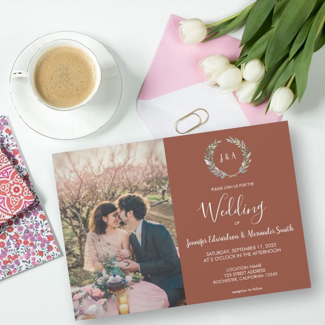 Invitation Rustic watercolor leaves monogram photo Wedding (Créateur téléchargé)