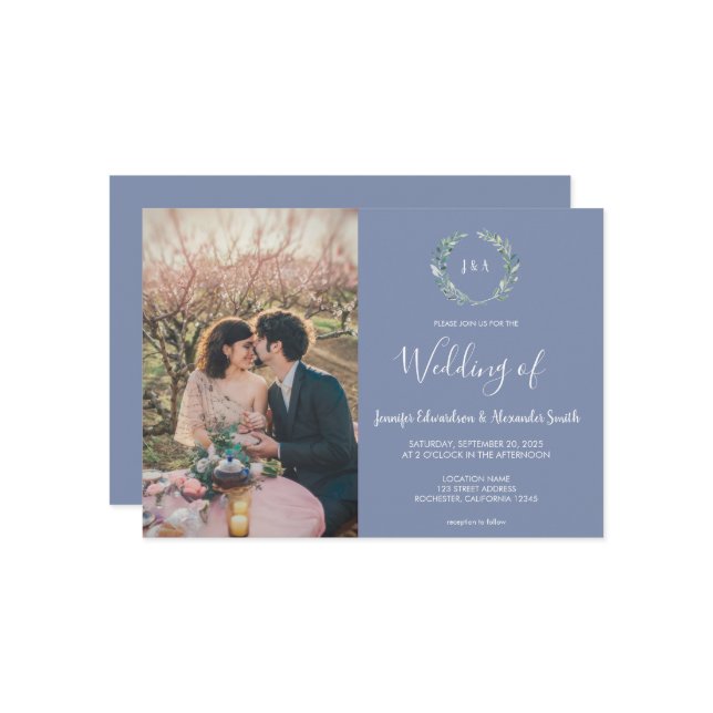 Invitation Rustic watercolor leaves monogram photo Wedding (Devant/Arrière en situation)