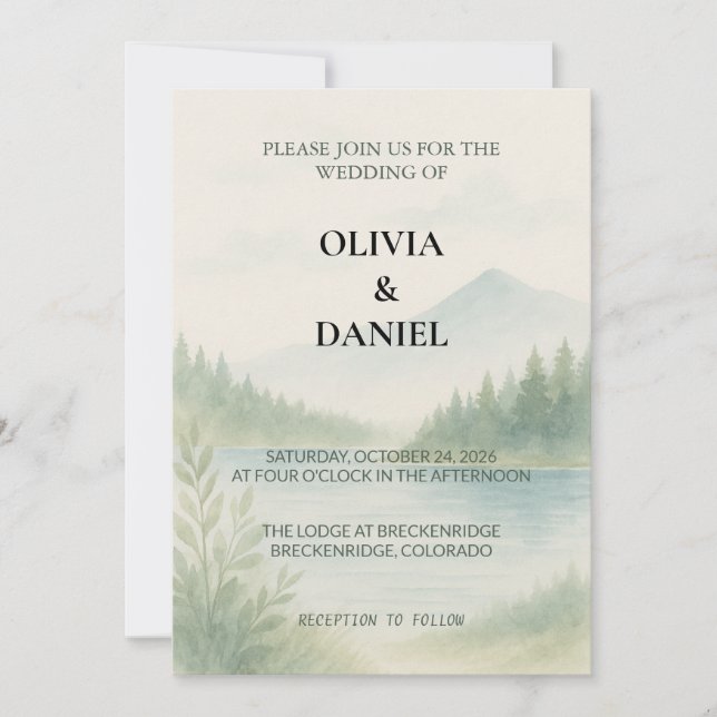 Invitation Rustic Watercolor Mountain Forest Pine Wedding  (Devant)