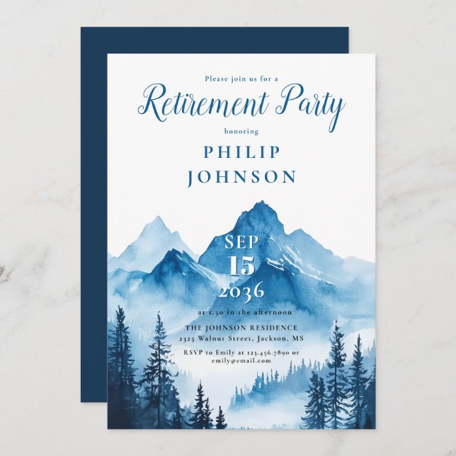 Invitation Rustic Watercolor Mountain Retirement Party (Devant / Derrière)