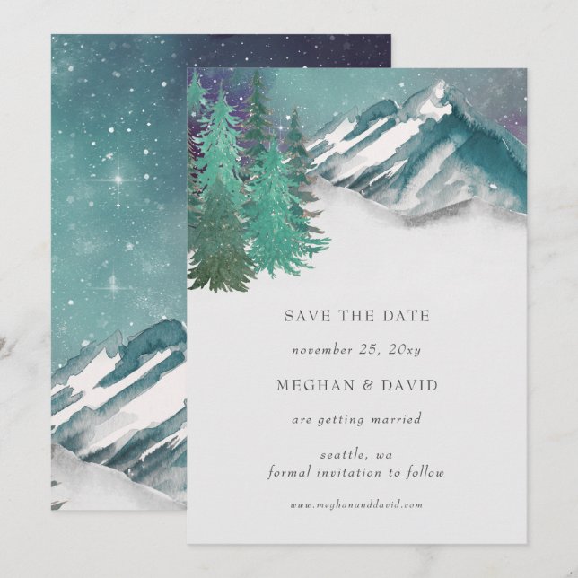 Invitation Rustic Watercolor Mountains Pine Enregistrer La Da (Devant / Derrière)