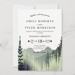 Invitation Rustic Watercolor Mountains Pine Trees Mariage