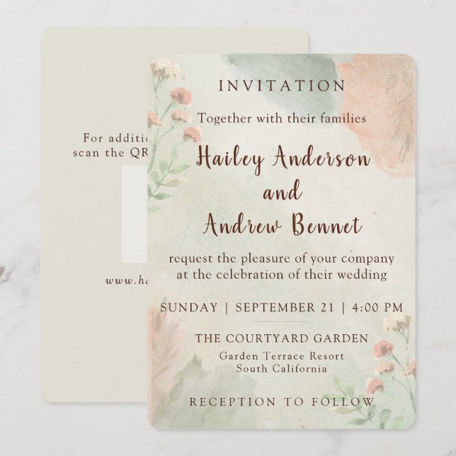 Invitation Rustic Watercolor Peach and Green Minimal Wedding (Devant / Derrière)
