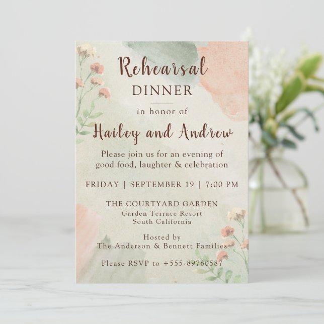 Invitation Rustic Watercolor Peach & Green Rehearsal Dinner  (Debout devant)