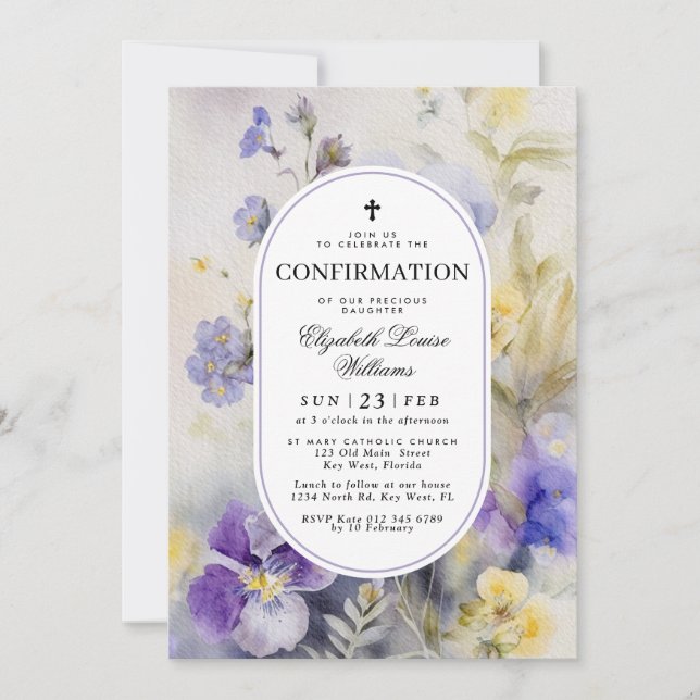 Invitation Rustic Watercolor Purple & Yellow Confirmation (Devant)