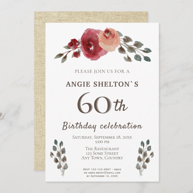 Invitation Rustic Watercolor Roses Floral 60e fête d'annivers (Devant / Derrière)