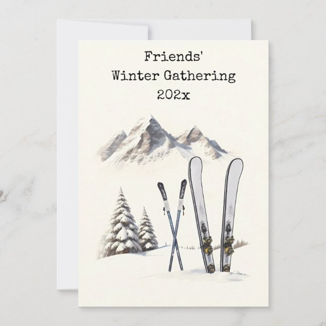 Invitation Rustic Watercolor Ski Snow Mountain Réunion en fam (Devant)