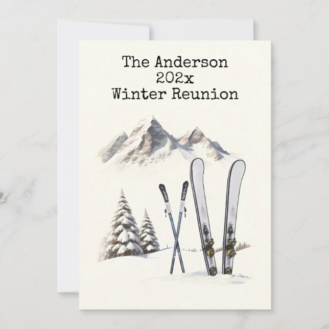 Invitation Rustic Watercolor Ski Snow Mountain Réunion en fam (Devant)