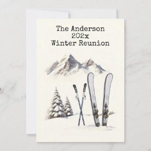Invitation Rustic Watercolor Ski Snow Mountain Réunion en fam