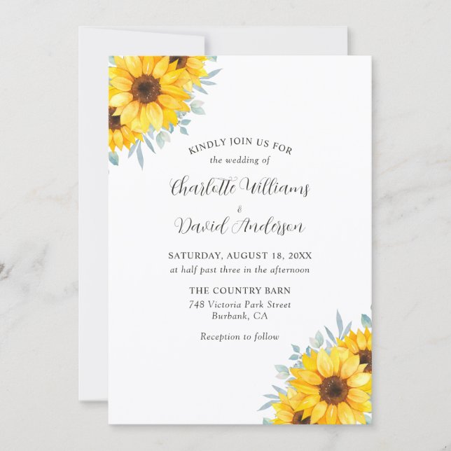 Invitation Rustic Watercolor Sunflower Greenery Wedding (Devant)
