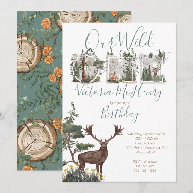 Invitation Rustic Watercolor Wild Un premier anniversaire fêt (Devant / Derrière)