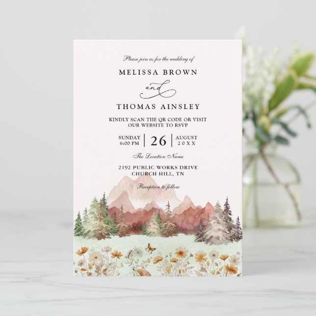 Invitation Rustic Wedding Mountain Wildflower QR Code Wedding (Debout devant)