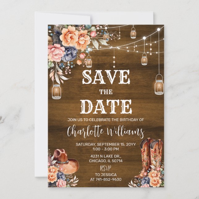 Invitation Rustic Western Enregistrer la date fête d'annivers (Devant)