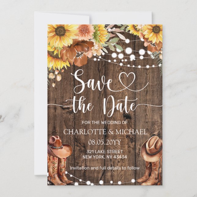 Invitation Rustic Western Sunflower Save the Date Wedding (Devant)