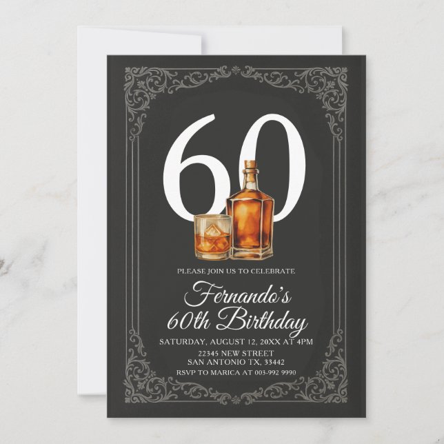 Invitation Rustic Whiskey Black & Gold Elegant Men's Birthday (Devant)