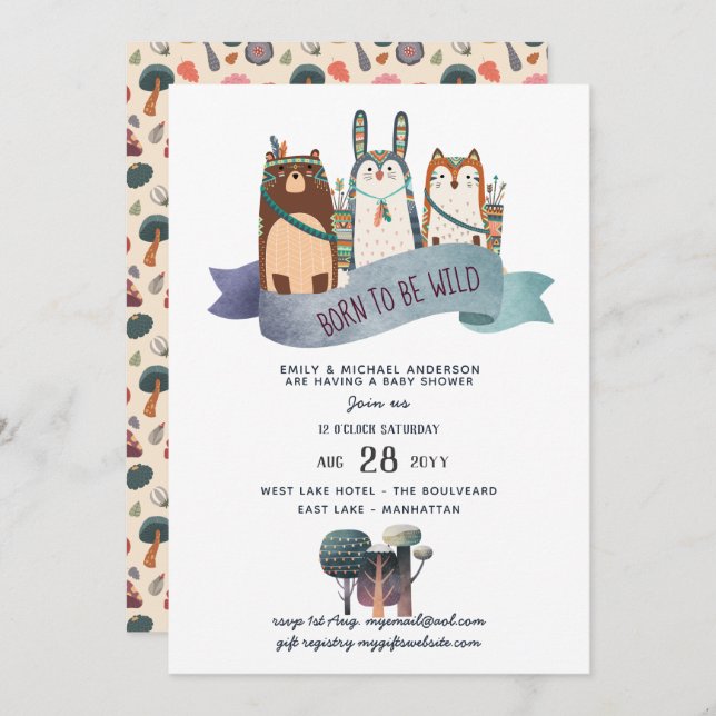 Invitation Rustic WILD ONE Woodland Animaux Tribal Baby Boy (Devant / Derrière)