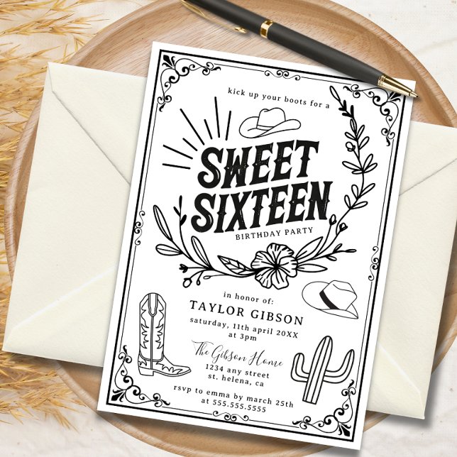 Invitation Rustic Wild West Sweet sixteen fête d'anniversaire (Rustic cowgirl Sweet Sixteen birthday invitation with western design.)