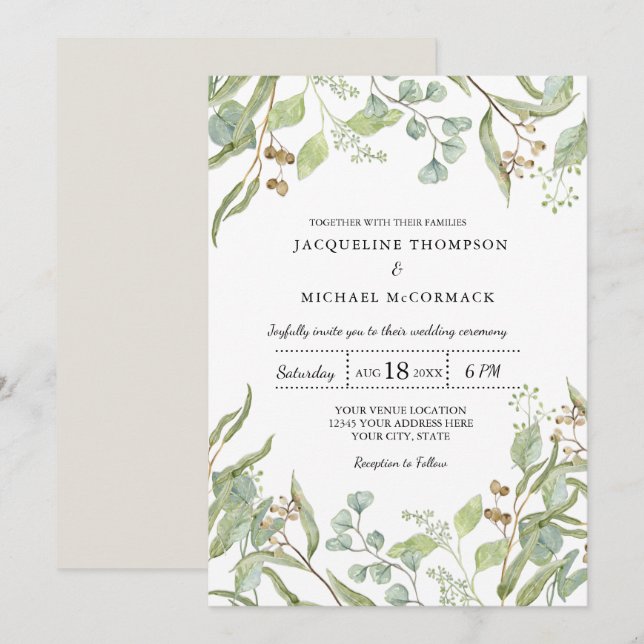 Invitation Rustic Winery Boho Eucalyptus Mariage de verdure (Devant / Derrière)