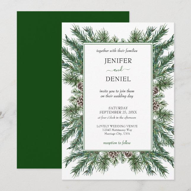 Invitation Rustic Winter Berry Pine Mariage de verdure (Devant / Derrière)