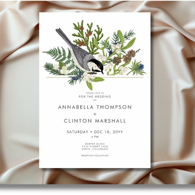 Invitation Rustic Winter Bird & Pine Bouquet Mariage (Rustic Winter Bird & Pine Bouquet Wedding Invitation)
