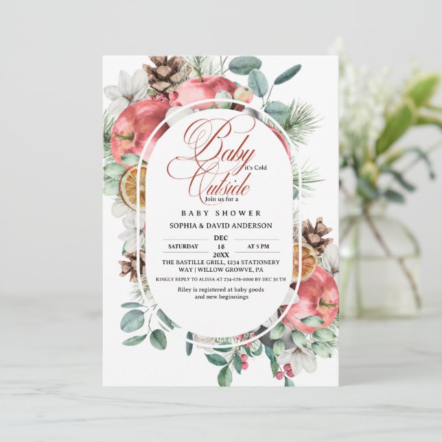 Invitation Rustic Winter Greenery Cold Outside Baby Shower  (Debout devant)
