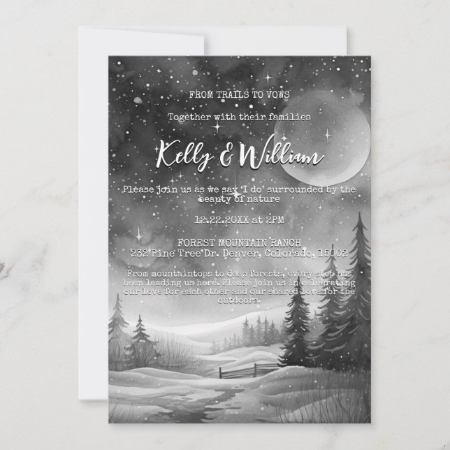 Invitation Rustic Winter Night Mountain Tree Mariage extérieu (Devant)