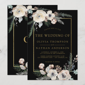 Invitation Rustic Winter Pine Floral Black Gold Frame Wedding