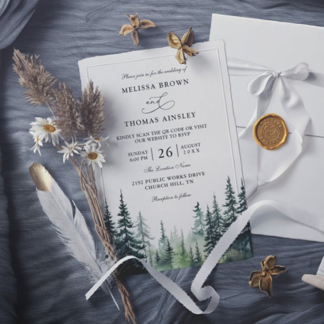 Invitation Rustic winter pine trees Budget QR Code Wedding (Créateur téléchargé)