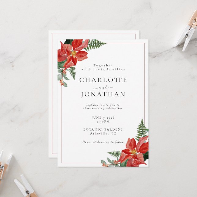 Invitation Rustic Winter Poinsettia Red Christmas Wedding (Devant/Arrière en situation)