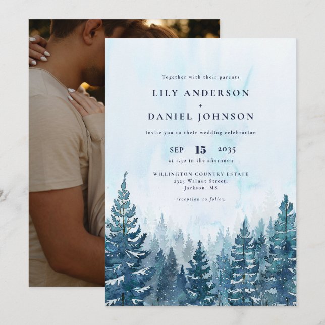 Invitation Rustic Winter Watercolor Pine Forest Photo Mariage (Devant / Derrière)