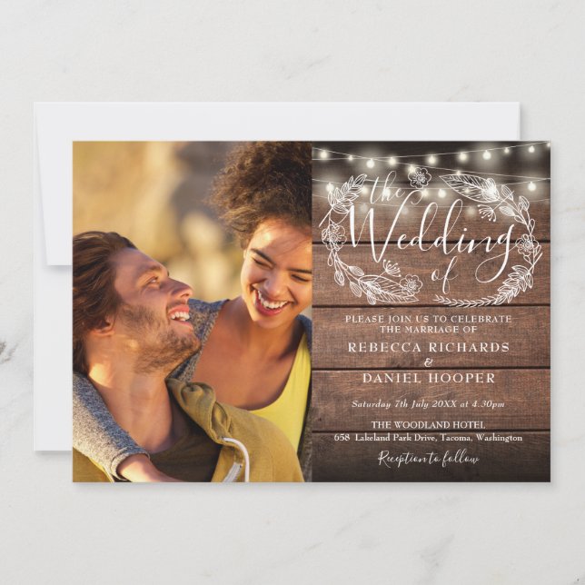 Invitation Rustic Wood 2 Photo String Mariage de script (Devant)