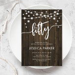 Invitation Rustic Wood 50e fête d'anniversaire<br><div class="desc">Invitation à la fête du 50e anniversaire. Design rustique avec motif en bois brun foncé. Carte invitation classique avec lumières à cordes et police de script. Parfait pour une célébration anniversaire du cinquantième. Personnalisez avec vos propres détails. Peut être customisé pour n'importe quel âge ! Invitations Zazzle imprimées ou téléchargement...</div>