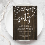 Invitation Rustic Wood 60e fête d'anniversaire<br><div class="desc">Invitation de fête du 60e anniversaire. Design rustique avec motif en bois brun foncé. Carte invitation classique avec lumières à cordes et police de script. Parfait pour une célébration anniversaire du soixantième siècle. Personnalisez avec vos propres détails. Peut être customisé pour n'importe quel âge ! Invitations Zazzle imprimées ou téléchargement...</div>