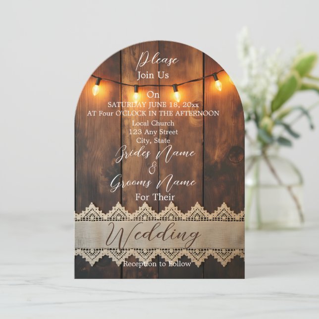 Invitation Rustic Wood and Lace Wedding  (Debout devant)