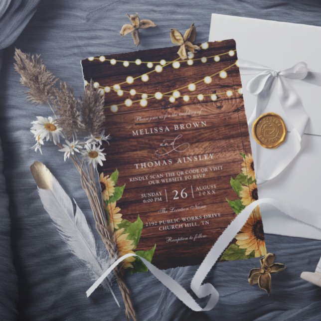 Invitation Rustic Wood and Sunflower Elegant QR Code Wedding (Créateur téléchargé)