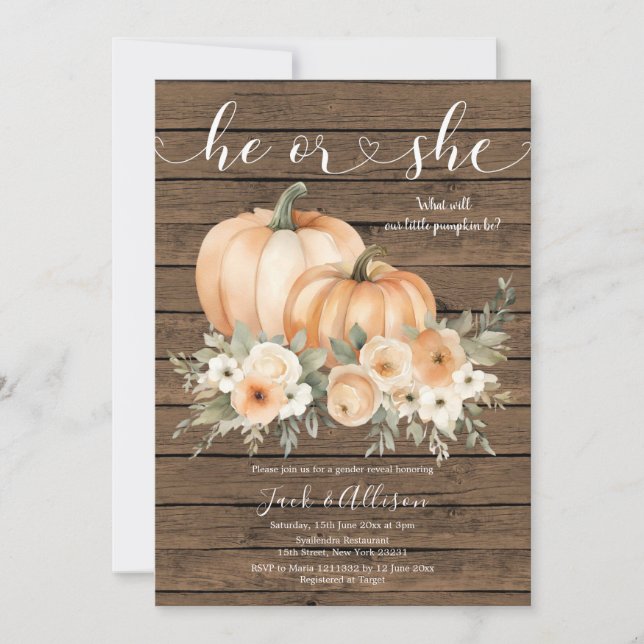 Invitation Rustic Wood Automne Lui ou elle Citrouille Genre R (Devant)