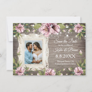 Invitation Rustic Wood Blush rose floral photo Enregistrer la