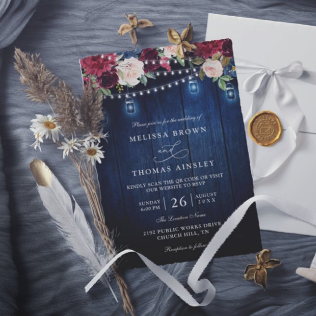 Invitation Rustic Wood Burgundy Floral Mason QR Code Wedding (Créateur téléchargé)