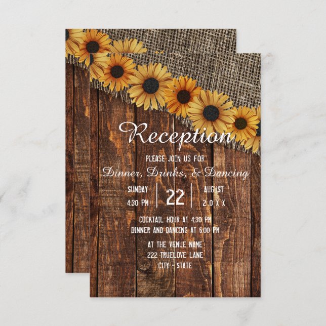 Invitation Rustic Wood & Burlap Sunflower Réception de mariag (Devant / Derrière)