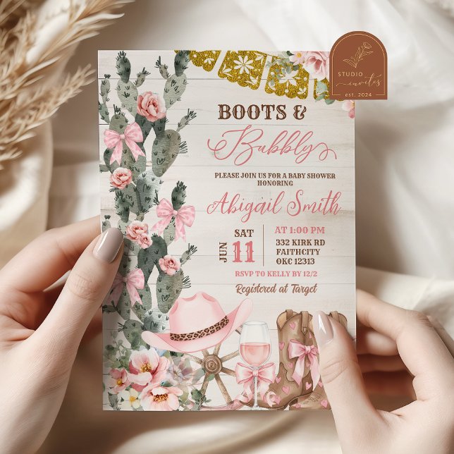 Invitation Rustic Wood Cactus Boots and Bubbly Bridal Shower (Créateur téléchargé)