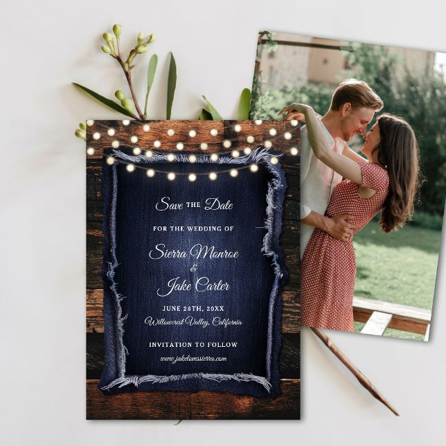 Invitation Rustic Wood Calligraphy Photo Mariage Date de sauv (rustic wedding save the date barn wood denim string lights ranch country western calligraphy)