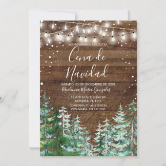 Invitation Rustic Wood Cena De Navidad Pine Trees Christmas