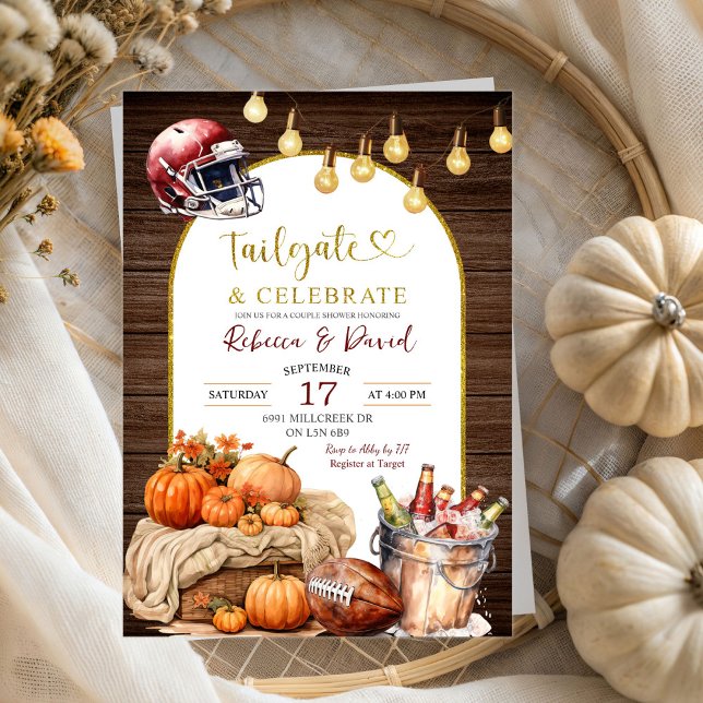 Invitation Rustic Wood Citrouille Football Couple Wedding sho (Créateur téléchargé)