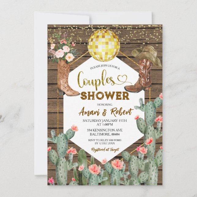 Invitation Rustic Wood Country Boots Cactus Couples Shower (Devant)