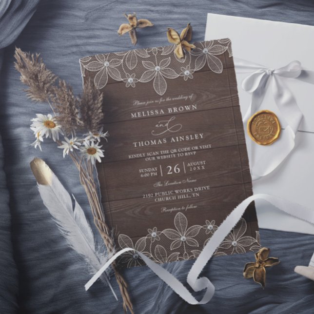 Invitation Rustic Wood Country Lace Elegant QR Code Wedding (Créateur téléchargé)