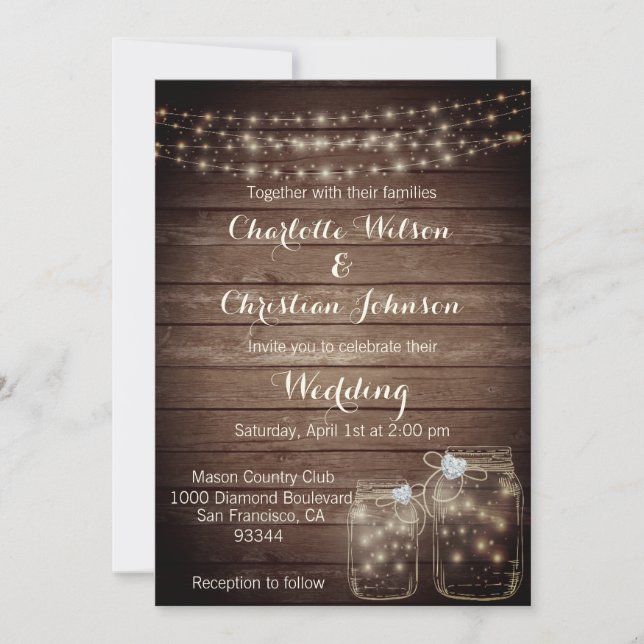 Invitation Rustic Wood Country Mason Jar Lights Mariage PHOTO (Devant)