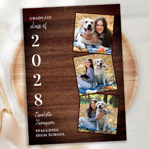 Invitation Rustic Wood Décontracté 3 Photo Graduation Invitat