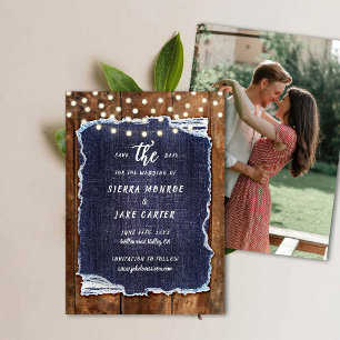 Invitation Rustic Wood Denim Écrire Mariage photo Enregistrer